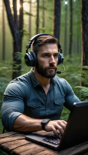 forest workplace,wireless headset,man with a computer,distance-learning,music background,remote work,distance learning,wireless headphones,content writers,tinnitus,computer business,computer addiction,nature and man,dj,forest background,online course,free wilderness,desktop support,blur office background,farmer in the woods,Illustration,Retro,Retro 14