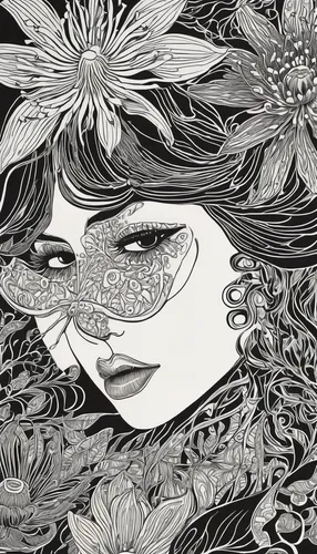 moonflower,flower line art,flora,cool woodblock images,secret garden of venus,boho art,kahila garland-lily,hand-drawn illustration,girl in flowers,art nouveau design,book illustration,japanese art,flower nectar,art nouveau,dryad,flowerbed,line-art,detail shot,girl in a wreath,filigree,Illustration,Black and White,Black and White 21