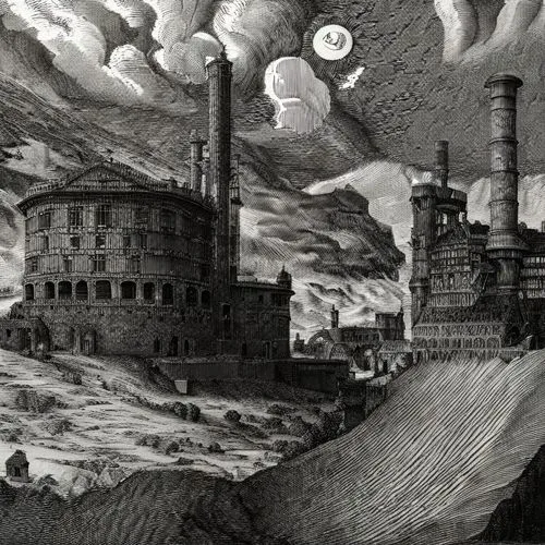 industrial landscape,piranesi,factories,industries,heavy water factory,coal-fired power station,industry,industrial plant,industrialization,fornasetti,mezzotints,refinery,engraving,brewery,powerplants