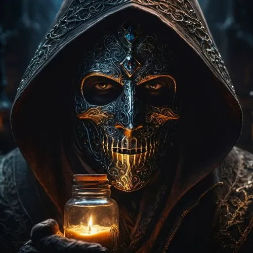 gold mask,golden mask,skull mask,anonymous mask,with the mask,candlemaker,light mask,dark art,skeleltt,death's head,fortune teller,undead warlock,male mask killer,skull statue,hooded man,dark portrait,masquerade,grimm reaper,death god,vanitas,Photography,General,Fantasy