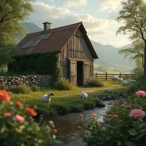 country cottage,home landscape,summer cottage,bucolic,rural landscape,farm landscape,meadow landscape,watermill,farm house,countryside,country house,idyll,cottage,red barn,farmhouse,water mill,idyllic,landscape background,farmstead,cottage garden,Photography,General,Realistic