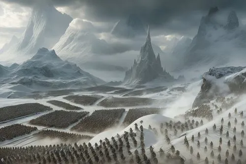 A breathtaking snow-covered valley with towering icy mountains in the background. In the valley, the blue formations of the Norn troops are lined up, their ranks structured and disciplined, standing a