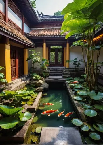 koi pond,garden pond,lotus pond,asian architecture,fishpond,lily pond,ryokan,zen garden,japanese garden,suzhou,japanese-style room,japan garden,japanese zen garden,japanese garden ornament,fengshui,dojo,water lotus,ryokans,qingcheng,pond plants,Illustration,Realistic Fantasy,Realistic Fantasy 12