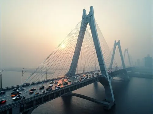 Futuristic bridge, sleek metal beams, cable-stayed design, suspension cables, angular lines, minimalist aesthetic, high-strength concrete piers, cantilevered sections, LED lighting systems, dynamic co