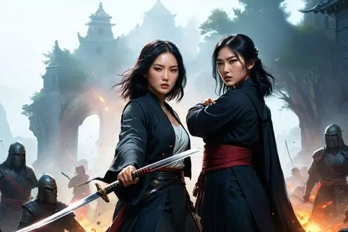 Dynamic action scene in a modern graveyard. A beautiful tall young asian woman with straight black hair and fancy court robes holds a katana and is blocking an attack from an ancient male lich with a 