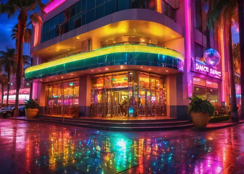 south beach,walt disney center,neon cocktails,hard rock,colored lights,hotel riviera,hard rock cafe,miami,rain bar,fort lauderdale,beverly hills hotel,pan pacific hotel,colorful city,neon coffee,neon lights,the palm,colorful facade,colorful light,santa monica,movie palace,Illustration,Realistic Fantasy,Realistic Fantasy 38