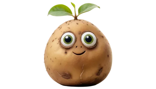 Brown potato, rough skin, irregular shape, prominent eyes, green sprouts, natural texture, soft focus, warm lighting, 3/4 composition, shallow depth of field, earthy tone, cinematic mood.,potato chara