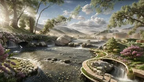 fantasy landscape,oasis,landscape background,robert duncanson,virtual landscape,landscape design sydney,landscape designers sydney,brook landscape,river landscape,futuristic landscape,fantasy picture,maya civilization,river of life project,nature garden,background with stones,idyllic,home landscape,3d fantasy,koi pond,fairy village