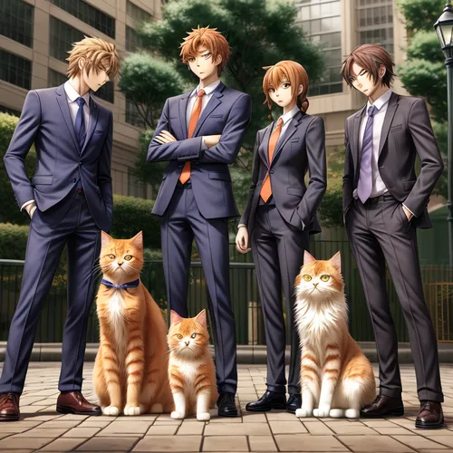 suits,cat family,ginger family,red tabby,businessmen,business men,cat lovers,cats,felines,lily family,cats on brick wall,breed cat,cat's cafe,stray dogs,street dogs,ginger cat,dog cat,dog street,the c