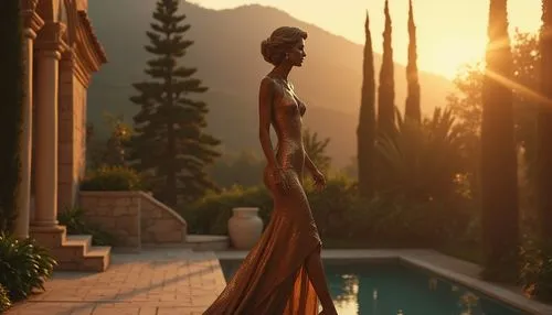 Bronze statue of a mature lady, elegant posture, bronze-colored hair, subtle makeup, low-cut evening gown with bronze sequins, flowing train, high heels, ornate bronze jewelry, luxurious villa, Medite