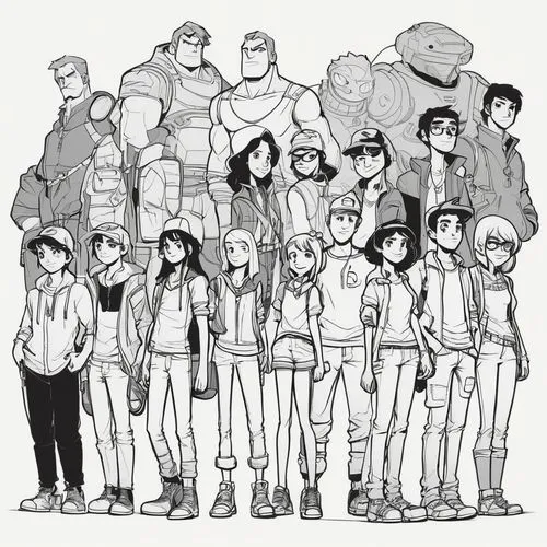 line art children,personifications,group photo,group of people,vector people,people characters,characters,humanized,mono line art,lastman,runaways,protagonists,trainers,mob,nextwave,temporals,mono-line line art,ocs,trainees,cohort,Illustration,Vector,Vector 11