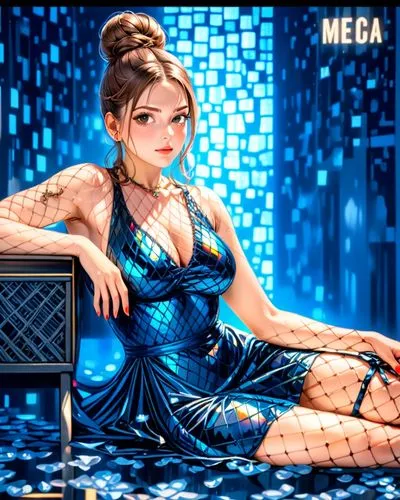 Itatí Cantoral, bun head fishnet dress,a woman sitting on the floor and holding a piece of music,sega mega drive,sega genesis,oceanica,meg,meagen,kitana,Anime,Anime,General