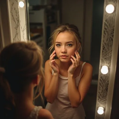 applying make-up,primping,put on makeup,make up,doll looking in mirror,lily-rose melody depp