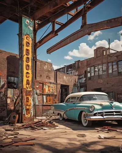 Houston architectural salvage, abandoned industrial site, old worn-out brick walls, rusty metal beams, distressed wooden floors, vintage machinery parts, scattered tools, faded signs, peeling paint, u