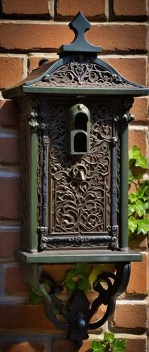 Rustic villa, European-style, ornate iron mailbox, intricately designed with floral patterns, weathered bronze finish, mounted on a stone wall, surrounded by lush greenery, ivy crawling up the sides, 