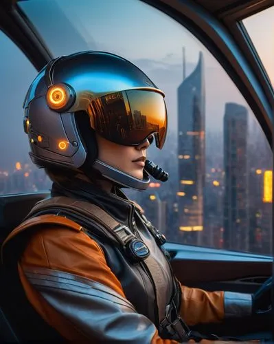 Futuristic copilot cockpit, metallic silver structure, sleek curves, glowing blue lines, holographic display screen, intricate buttons and levers, soft leather pilot seat, worn brown gloves, futuristi