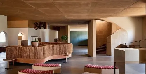 Cafe with stairs,concrete ceiling,dunes house,casa fuster hotel,contemporary decor,mid century modern,interior modern design,circular staircase,corten steel,stucco ceiling,interiors,archidaily,mid cen