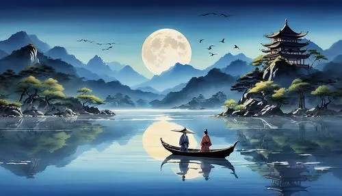 chinese art,fantasy landscape,boat landscape,landscape background,oriental painting,fantasy picture,dragon boat,world digital painting,oriental,chinese background,mid-autumn festival,river landscape,moonlit night,cartoon video game background,fantasy art,japan landscape,sea landscape,fishing float,yunnan,an island far away landscape,Photography,General,Realistic