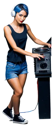 Girl, DJ, headphones, short blue hair, red lips, tank top, ripped jeans, sneakers, mixing console, turntable, vinyl records, microphone, sound waves, neon lights, dark background, low-key lighting, 3/