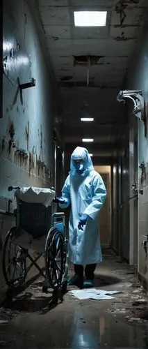 Creepy abandoned asylum, dimly lit corridors, old peeling walls, rusty medical equipment, eerie atmosphere, ghostly apparitions, goosebumps AI, futuristic robotic limbs, glowing blue eyes, sleek metal