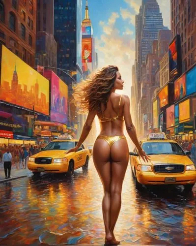 donsky,girl and car,new york taxi,photorealist,yellow car,radebaugh,Photography,General,Cinematic