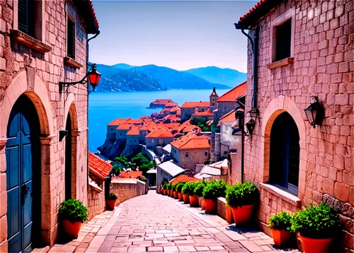 Wallpaper, Croatia theme, scenic landscape, old town architecture, Dubrovnik style, medieval stone walls, red-tiled roofs, narrow cobblestone streets, lanterns, flower-filled balconies, warm afternoon