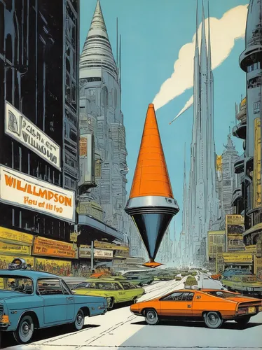 chrysler building,edsel,traffic cone,gulf,futuristic landscape,futuristic architecture,atomic age,vintage illustration,supersonic transport,road cone,traffic cones,fleet and transportation,tail fins,edsel pacer,chrysler concorde,futuristic car,ford motor company,austin cambridge,travel poster,edsel bermuda,Illustration,Black and White,Black and White 17