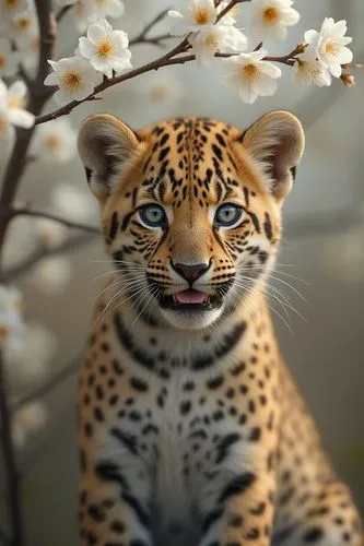 photorealistic, leopard portrait, white flowers, cherry tree, natural light, baby leopard, sitting pose,an image of a leopard in front of some white flowers,leopard,leopardus,jaguar,disneynature,benga