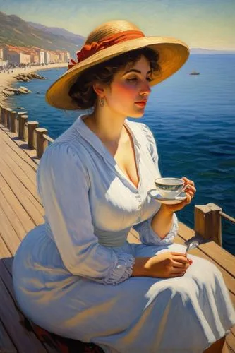 woman with ice-cream,woman drinking coffee,margetts,hildebrandt,vettriano,margetson,woman at cafe,pittura,woman holding a smartphone,girl on the boat,sorolla,whitmore,colville,italian painter,panama hat,perugini,palizzi,doheny,yalta,woman sitting,Art,Artistic Painting,Artistic Painting 04