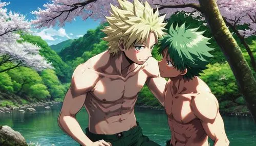 green summer,spring background,creek,romantic scene,chollo hunter x,my hero academia,hot spring,springtime background,romantic meeting,killua hunter x,sails a ship,gay couple,gay love,reizei,protect,hands holding,summer background,love background,holding,green skin,Illustration,Japanese style,Japanese Style 09