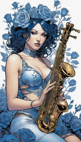 A sex female character playing an instrument blue roses,wind instrument,the flute,music fantasy,flute,euphonium,wind instruments,woodwind instrument,sax,amano,instrument music,art bard,flugelhorn,musi