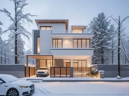 modern home with all white interior and windows in winter time,snow roof,winter house,modern house,modern architecture,cubic house,snow house,Photography,General,Realistic