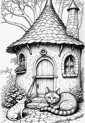 : Design Sketch-Rough Outline ,an ink drawing of a cat and a house,coloring pages,coloring page,houses clipart,woodring,tenniel,redwall,Design Sketch,Design Sketch,Detailed Outline