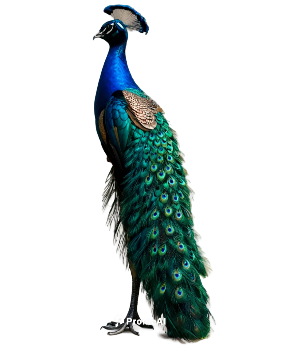 Vibrant peacock, blue-green iridescent feathers, shimmering neck, majestic posture, spread colorful tail, standing on one leg, soft focus, warm lighting, 3/4 composition, bokeh background, realistic t