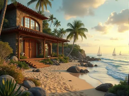 tropical house,beachfront,holiday villa,house by the water,summer cottage,oceanfront,beach house,dreamhouse,seclude,hideaways,tropical island,seaside view,tropical beach,beautiful home,bungalows,ocean view,beach hut,luxury home,home landscape,secluded,Photography,General,Realistic