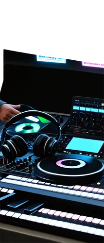 DJ, mixing console, headphones, studio background, spotlight on DJ, hands moving quickly, vinyl records, CDs, laptop, music software, sound waves, equalizer, microphone, instrumental hip-hop beats, el