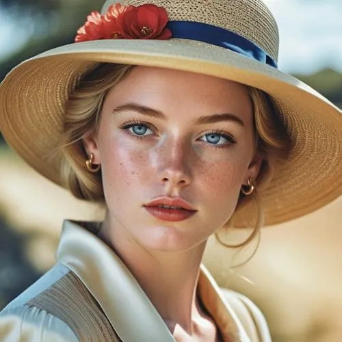 Close-up portrait of a young woman with striking features, displaying a thoughtful or introspective expression. Her face is highlighted by bright blue eyes, red lipstick, and delicate freckles dusting