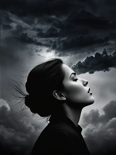 dark clouds,photo manipulation,dramatic sky,woman thinking,photomanipulation,stormy sky,dark cloud,woman silhouette,dramatic,atmospheric,photoshop manipulation,depressed woman,image manipulation,dark angel,grey sky,storm clouds,grey clouds,photomontage,storm,clouded sky,Photography,Black and white photography,Black and White Photography 07