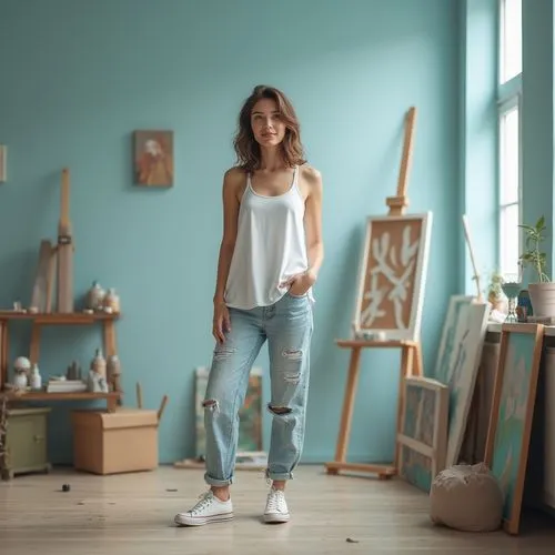 studio photo,in a studio,artist portrait,painting technique,girl in overalls,fabric painting,denim jumpsuit,proportions,studio light,garbi,female model,girl sitting,painting,artistshare,meticulous painting,artist,artista,painter,girl on a white background,poki,Photography,General,Realistic