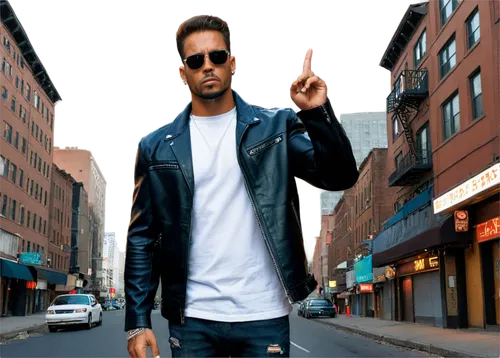 Tough gangster, masculine, muscular build, tattoo sleeves, black leather jacket, white tank top, ripped jeans, silver chain necklace, sunglasses, cigar, confident pose, one hand in pocket, city street