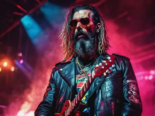 Rob Zombie, Christian, male, 40s, pale skin, messy black hair, beard, sunglasses, black leather jacket, ripped jeans, heavy boots, standing, cross necklace, holding a guitar, backstage, dim red lighti