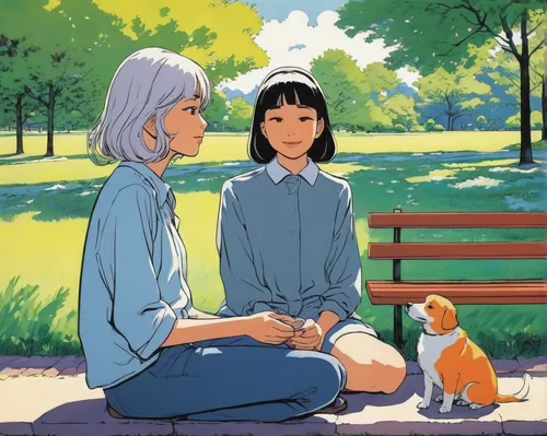 shirakami-sanchi,studio ghibli,girl sitting,picnic,tea zen,girl with dog,child is sitting,fuki,piko,petting,childhood friends,meditation,sitting,meditating,cat mom,park bench,two girls,mari makinami,clover meadow,coloring,Illustration,Black and White,Black and White 10