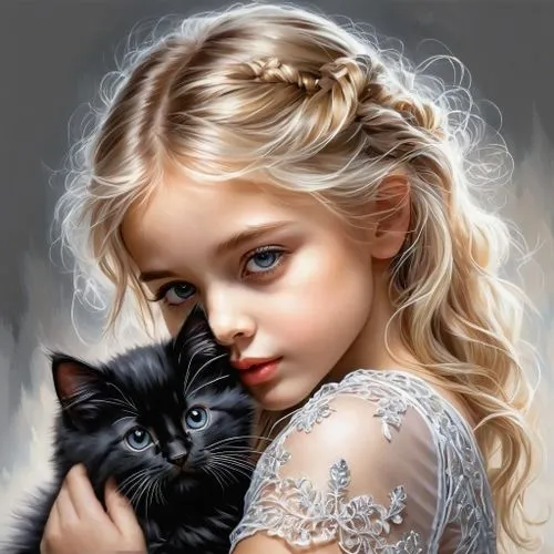 рука,little boy and girl,cat with blue eyes,romantic portrait,tenderness,cat lovers,blue eyes cat,black cat,child portrait,innocence,cute cartoon image,children's background,mystical portrait of a gir