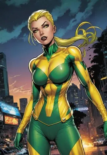 female version of Electro from Marvel Comics. 
yellow and green costume,namorita,siryn,namora,viv,amora,superwasp,imra,giganta,palmiotti,eldena,cassaday,sprint woman,canary,lobdell,illyana,madelyne,jl