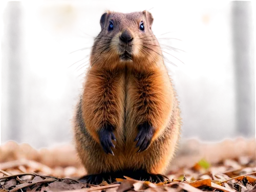 Wildlife, groundhog, solo, adult, brown fur, fluffy whiskers, cute eyes, chubby cheeks, standing, natural pose, forest floor, morning sunlight, soft focus, shallow depth of field, warm color tone, cin