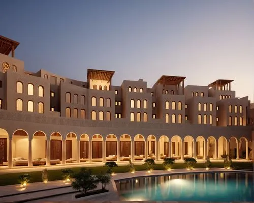 A Yemeni-inspired residential complex with a modern twist. The complex features traditional arched windows and white exterior walls, but incorporates wooden elements and void shades for a sustainable 