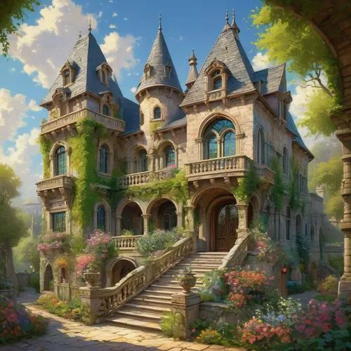 fairy tale castle,fairytale castle,violet evergarden,victorian house,victorian,castle of the corvin,kinkade,country estate,studio ghibli,ghibli,sylvania,witch's house,fairy tale,maplecroft,beautiful home,maison,castlelike,house in the forest,castlevania,dandelion hall,Art,Classical Oil Painting,Classical Oil Painting 32