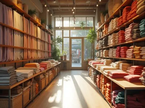 Modern grocery store interior, shelves lined with various fabric materials, rolls of colorful cotton cloth, soft velvet drapes, woven baskets, linen tablecloths, rustic jute bags, vibrant silk scarves