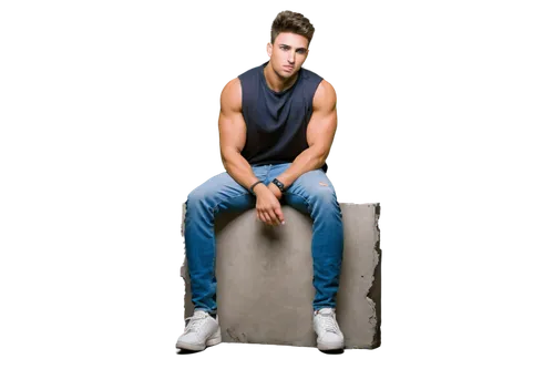 Muscular guy, athletic build, short spiky hair, intense gaze, strong jawline, small nose ring, sleeveless shirt, ripped jeans, sneakers, one hand in pocket, leaning against wall, casual pose, softbox 