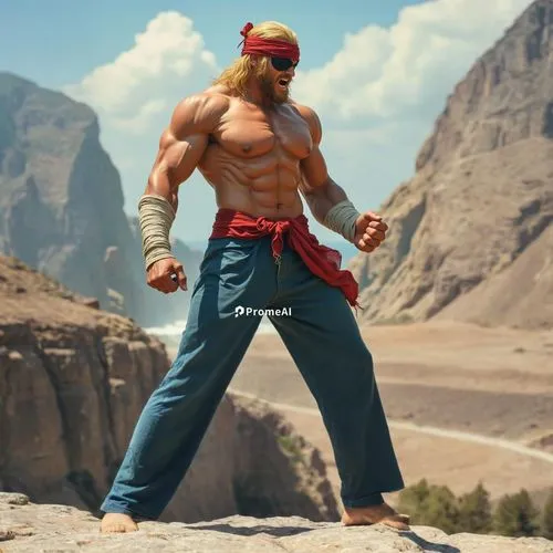 Angry man in baggy pants standing on a cliff barefoot with tall rocky hills in the background in sunshine ,the man is posing in front of some mountains,ryu,sagat,tekken,sandokan,kazuya,heihachi